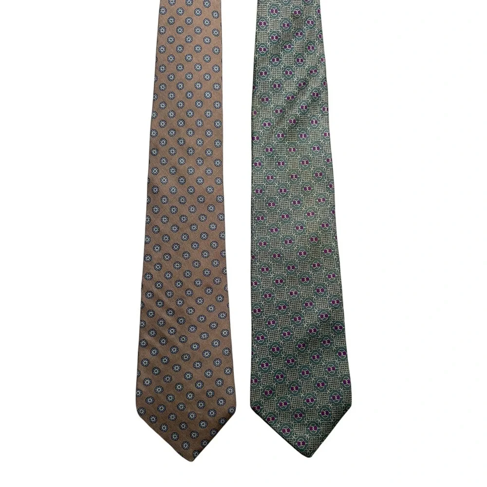 Bert Pulitzer Silk Tie Lot 2 Vintage Foulard Geometric Tan Green Made in USA